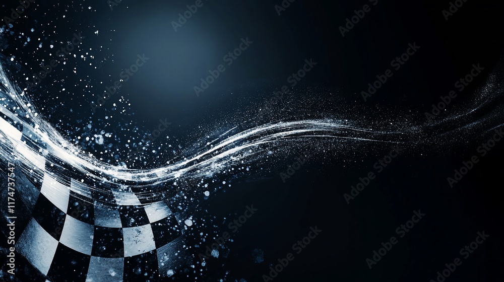 Poster Checkered flag with abstract wave design on dark background.