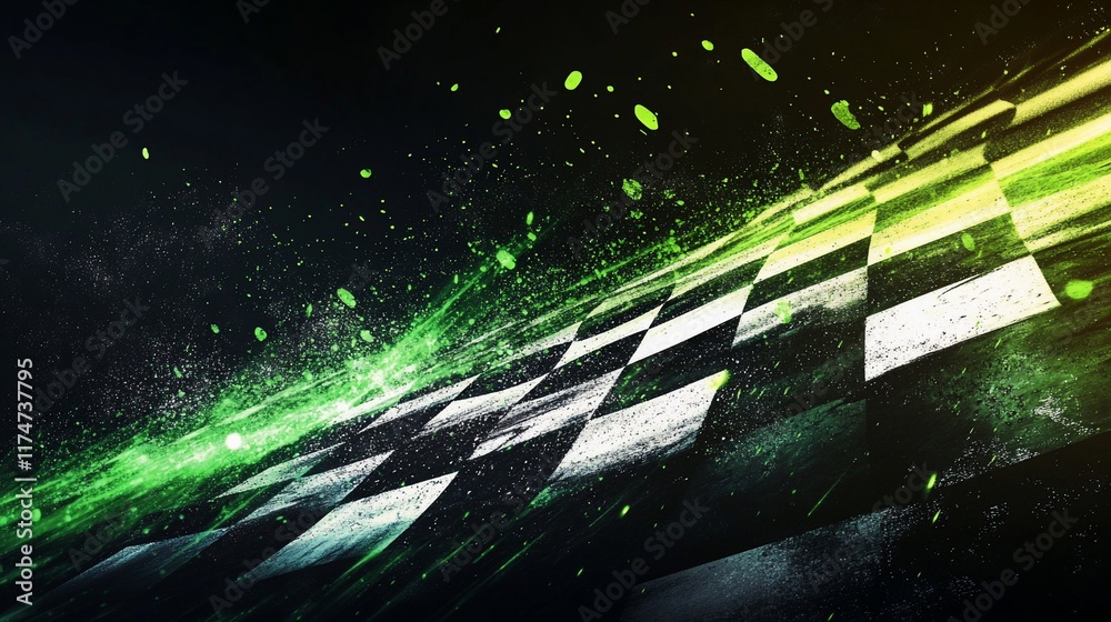Poster abstract checkered flag design with motion blur and vibrant green light effects.