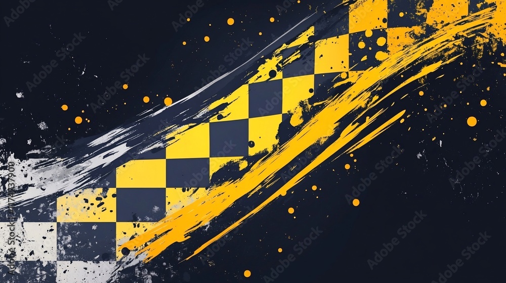 Poster Abstract checkered flag design with paint splatters. (2)