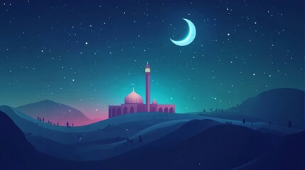 Naklejka premium isra mi'raj the journey Prophet Muhammad flat illustration with mosque, moon, stars at night. greeting happy isra mi'raj day with muslim Islam people. Suitable for greeting card, postcard, banner, web