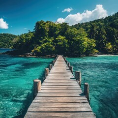 Obraz premium long wooden pier to enjoy the beautiful view of the sun