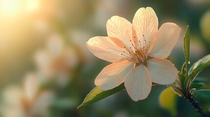Fototapeta premium Seasonal foliage in spring with blooming cherry blossoms and fresh green leaves