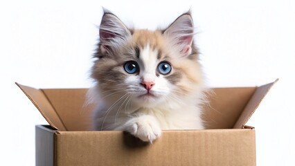Adorable Ragdoll Kitten Peeking from Box - White Background Stock Photo