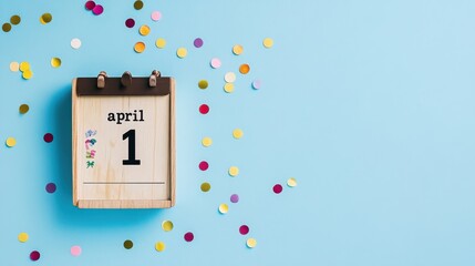Colorful confetti surrounds a wooden calendar marking April 1, celebrating the arrival of spring festivities and April Fools' Day