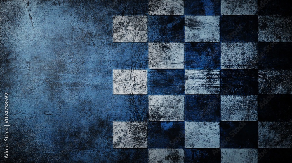Poster grunge chessboard pattern on a textured dark blue background.