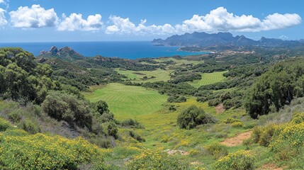 Fototapeta premium A panoramic view of a lush green valley meeting the ocean under a cloudy sky.