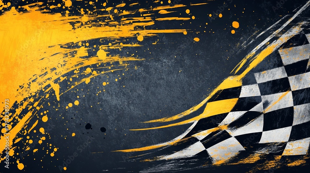 Poster Checkered flag waving over a dark background with paint splatters.