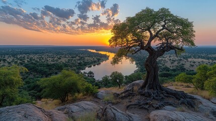 A stunning sunset over a river, framed by a solitary tree on rocky terrain.