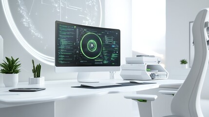 A bright white workspace with a sleek monitor and green accents
