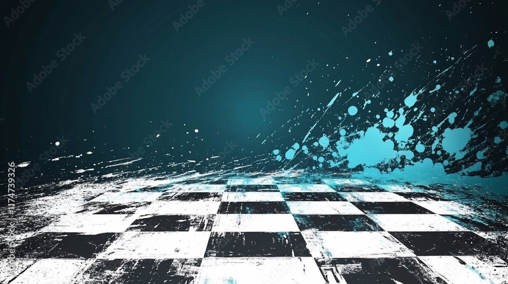 Aufkleber abstract checkered floor with teal paint splatter.