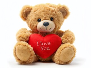 Obraz premium Adorable Teddy Bear Holding Heart, I Love You, White Background - Perfect for Valentine's Day Cards & Gifts