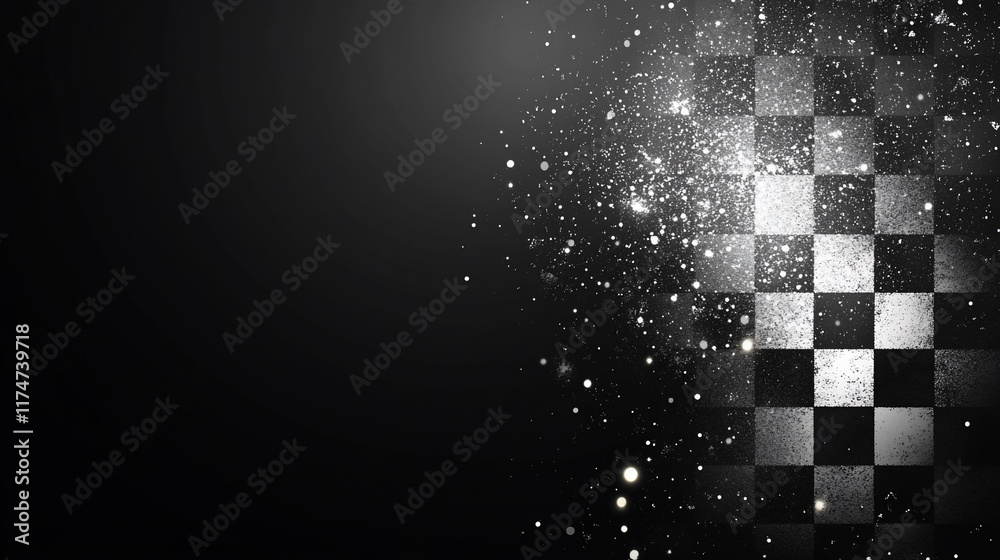 Poster checkered flag with glittering particles on a dark background.