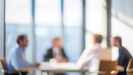 A soft blur of a group of business professionals discussing strategy and future goals in a meeting room.
