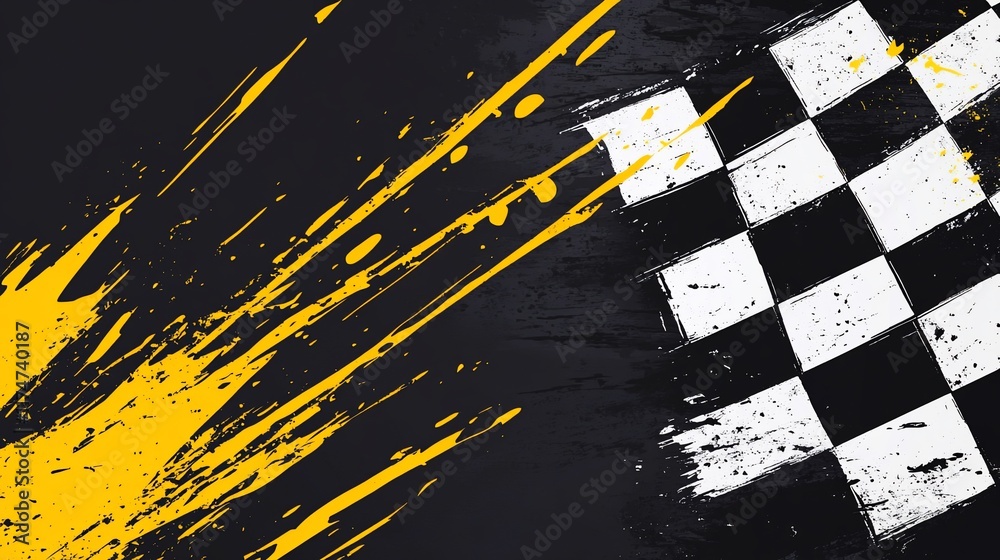 Poster checkered flag with paint splatters on dark background. (1)