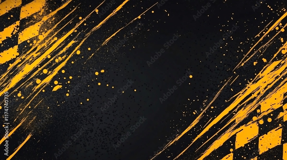 Poster Abstract black and yellow graphic design with diagonal lines and splashes.