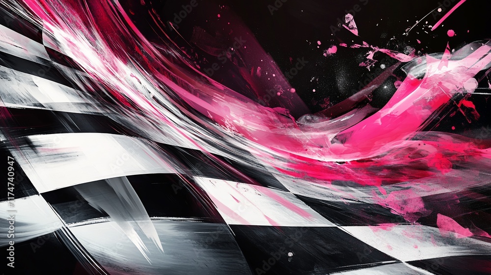 Poster Abstract checkered flag with pink and white splashes.