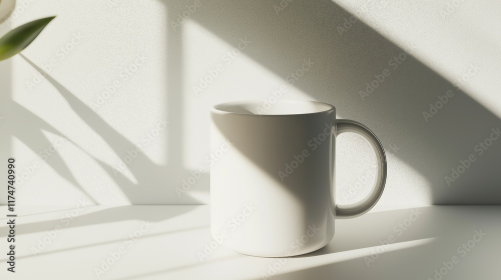 Poster soft morning light graces a minimalist white coffee mug resting on a light-colored surface, casting 