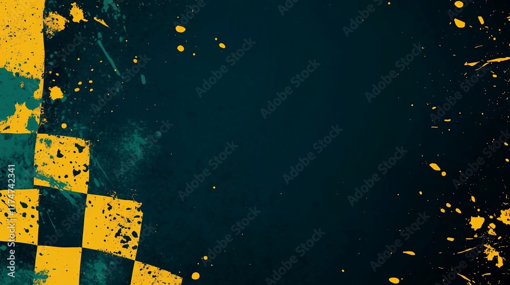 Poster checkered flag with grunge texture, dark background, abstract design.