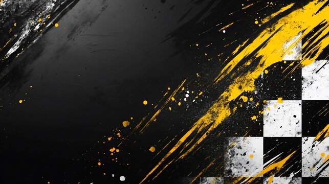 Abstract checkered flag graphic design with dynamic brushstrokes and splatters.