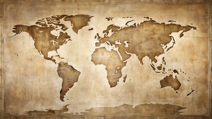 A Timeless World Map Depiction on Antique Parchment, Showing Continents and Oceans in Aged Brown Tones