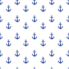 Seamless nautical pattern with blue anchors on white background