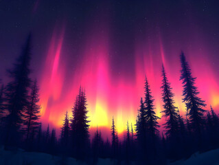 Vibrant pink and yellow aurora borealis illuminating a snow-covered pine forest at night.