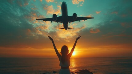 Woman Enjoys Airplane View at Sunset Over Serene Summer Landscape