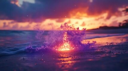 Vibrant Sunset Over Beach with Purple Waves and Dark Blue Rays of Light