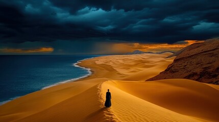 Ethereal Sunset Over Desert Beach with Dramatic Clouds and Serene Sky