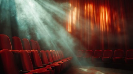 Vintage Cinema Seating with Atmospheric Lighting and Dramatic Curtain Effects