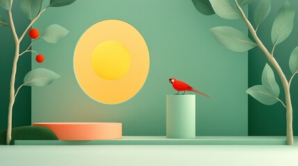 Modern Studio Setup Featuring Colorful Podium and Stylized Sun with Parrot