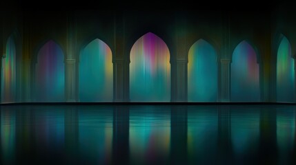 Peaceful Colorful Desert Mosque with Aurora Borealis View at Night