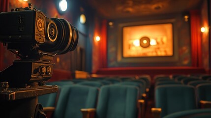 Classic Cinema Scene with Camera Captured in a Quiet Moment of Anticipation