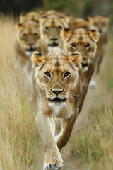 Obraz premium Powerful pride of lions moving through the grasslands, showcasing dominance and strength during their daily hunt at dawn