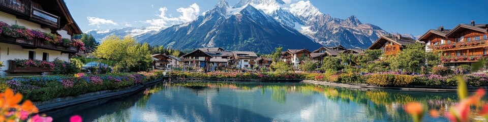 Naklejka premium Idyllic alpine village, tranquil lake reflection, snow-capped mountains, traditional wooden chalets, colorful flowers in foreground, serene atmosphere, blue sky with wispy clouds, picturesque landscap