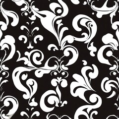 Elegant Black and White Floral Swirl Seamless Pattern: A timeless and sophisticated design featuring intricate white swirls and floral motifs against a black background.