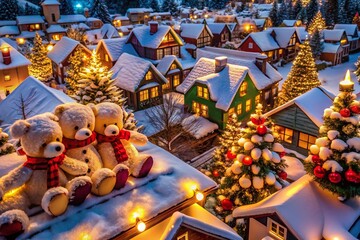 Fototapeta premium Aerial View of Christmas Teddy Bear Decorations on Snowy Rooftops