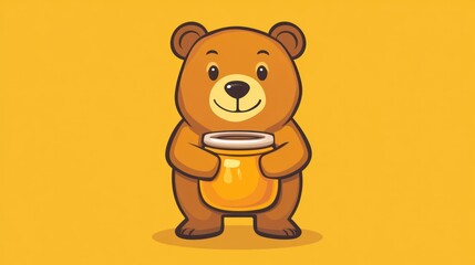 Fototapeta premium A cute cartoon bear holding a honey jar against a bright yellow background.