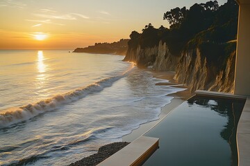 Sunset view from infinity pool overlooking ocean waves crashing on a secluded beach with cliffs and lush greenery.