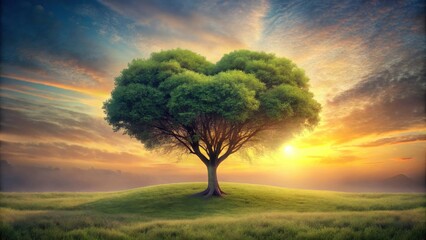 Fototapeta premium Serene Heart-Shaped Tree on Gentle Hill at Sunset, Peaceful Landscape Illustration