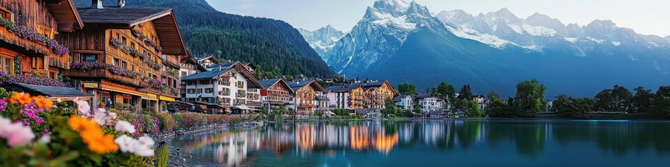 Fototapeta premium Idyllic alpine village, tranquil lake reflection, snow-capped mountains, traditional wooden chalets, colorful flowers in foreground, serene atmosphere, blue sky with wispy clouds, picturesque landscap