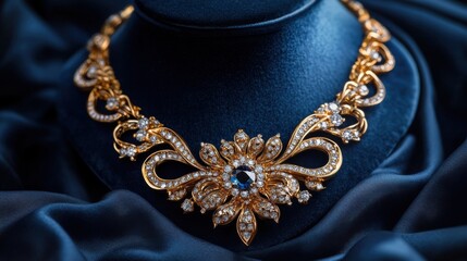 Fototapeta premium A glittering gold necklace with a diamond centerpiece on velvet