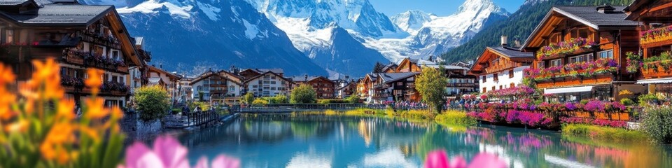 Fototapeta premium Idyllic alpine village, tranquil lake reflection, snow-capped mountains, traditional wooden chalets, colorful flowers in foreground, serene atmosphere, blue sky with wispy clouds, picturesque landscap