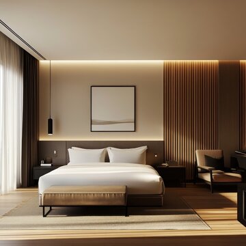 Modern bedroom interior design with king-size bed, wooden wall paneling, and minimalist decor.