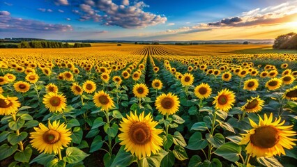Obraz premium Aerial View of Sunflower Field, Vibrant Yellow Blooms Under Blue Sky - Drone Photography