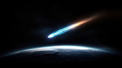A glowing blue meteor streaking across a dark starry sky