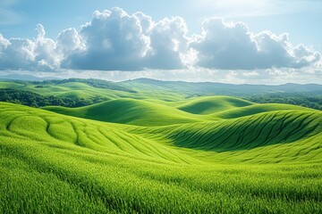 Obraz premium Lush green hills under a bright sky in a tranquil landscape during daytime