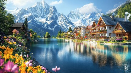 Fototapeta premium Idyllic alpine village, tranquil lake reflection, snow-capped mountains, traditional wooden chalets, colorful flowers in foreground, serene atmosphere, blue sky with wispy clouds, picturesque landscap