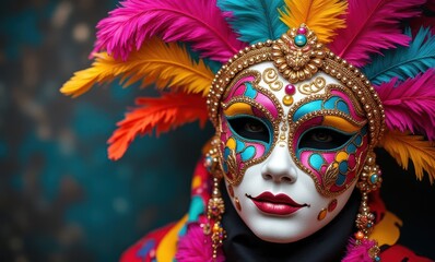 Vibrant masked figure with elaborate feathers
