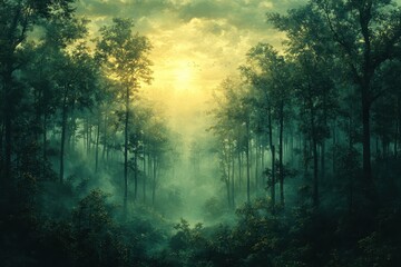 Obraz premium Ethereal forest landscape at dawn with mist and golden sunlight filtering through tall trees